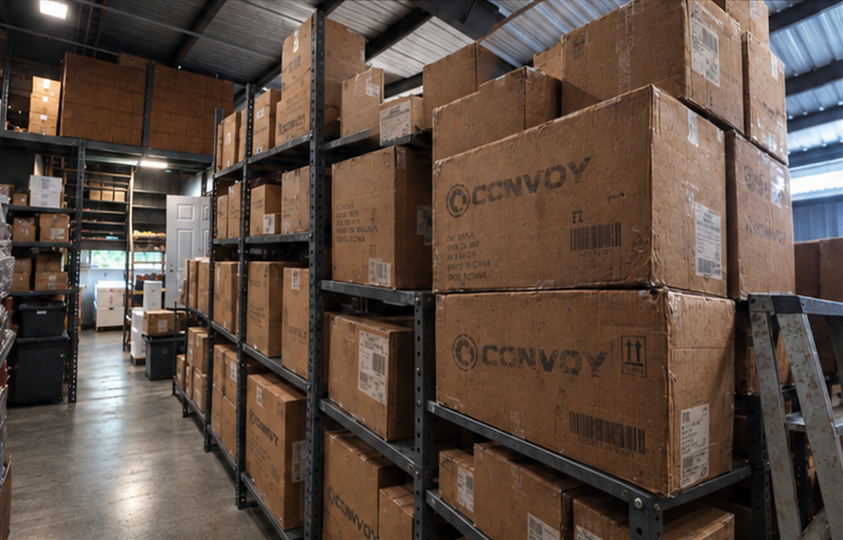 Convoy Safety warehouse shelves stocked with Convoy boxes