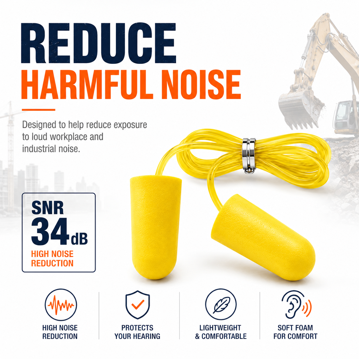 Corded Foam Earplugs – SNR 34dB Hearing Protection