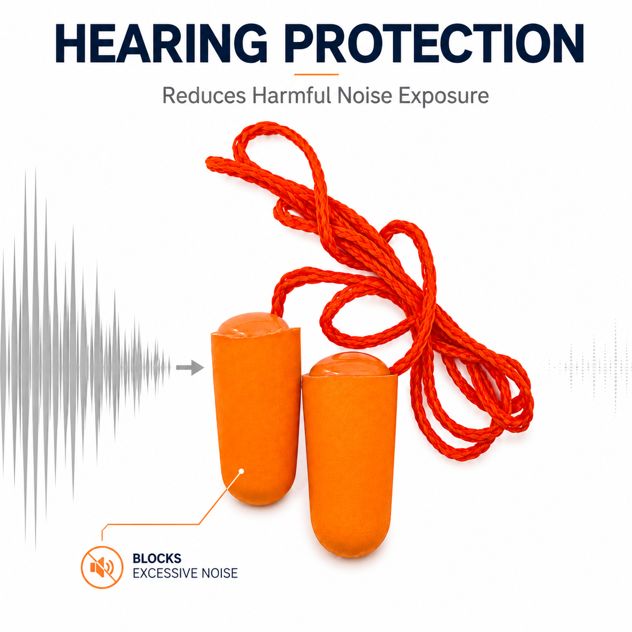Corded Foam Earplugs – SNR 34dB Hearing Protection – Orange
