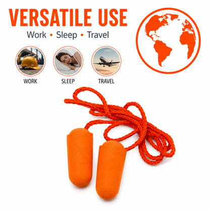 Corded Foam Earplugs – SNR 34dB Hearing Protection – Orange