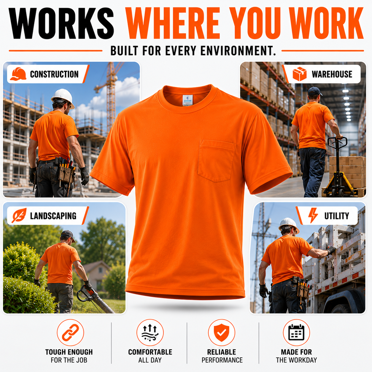 Orange - High Visibility Short Sleeve Safety Shirt (3 Pack)