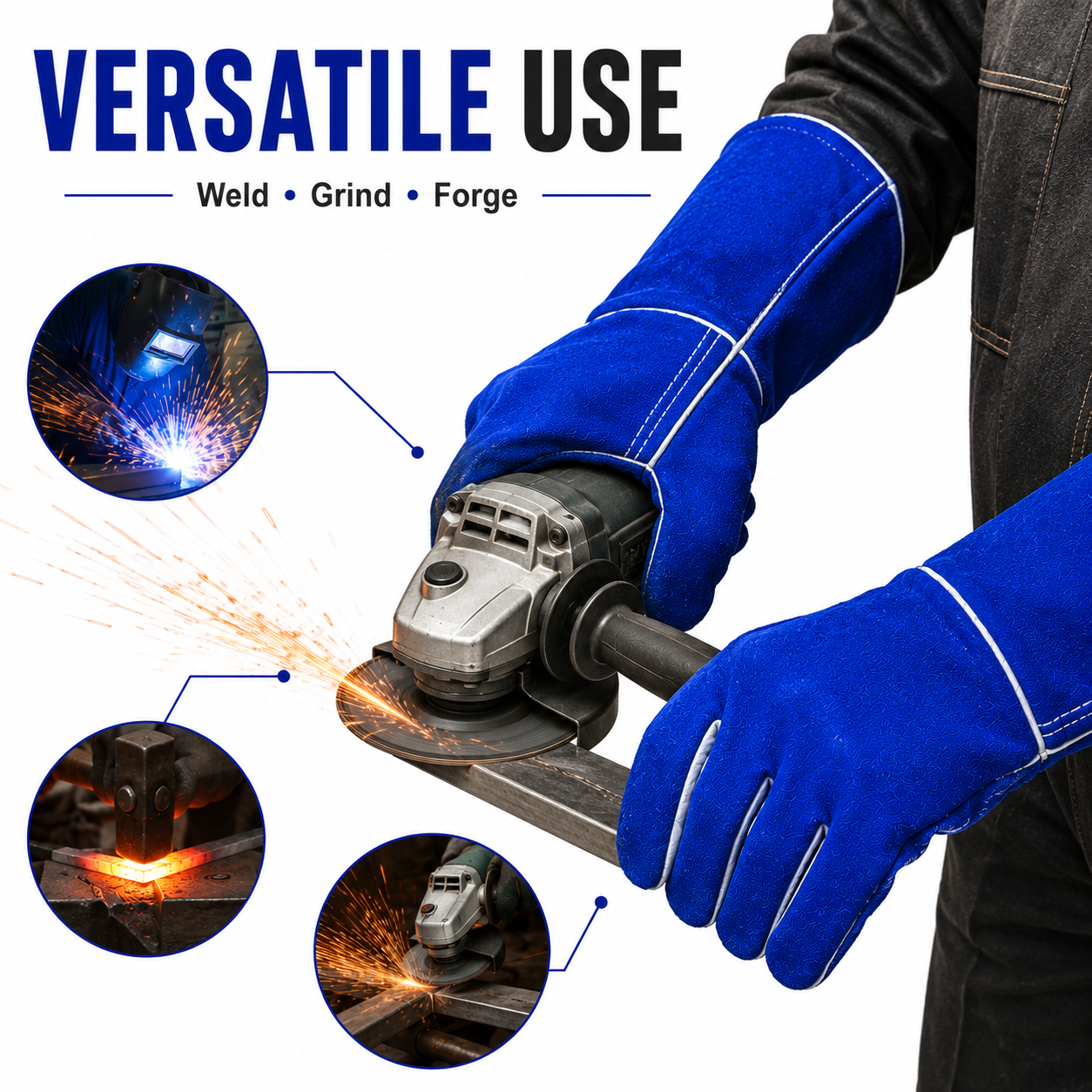 Blue Leather Welding Gloves for Welding, Metalwork & Industrial Use
