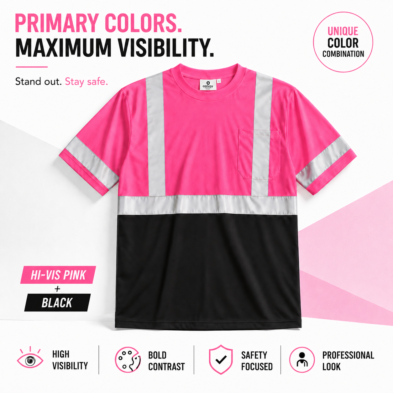 High Visibility Reflective Short Sleeve Safety Shirt - Pink & Black